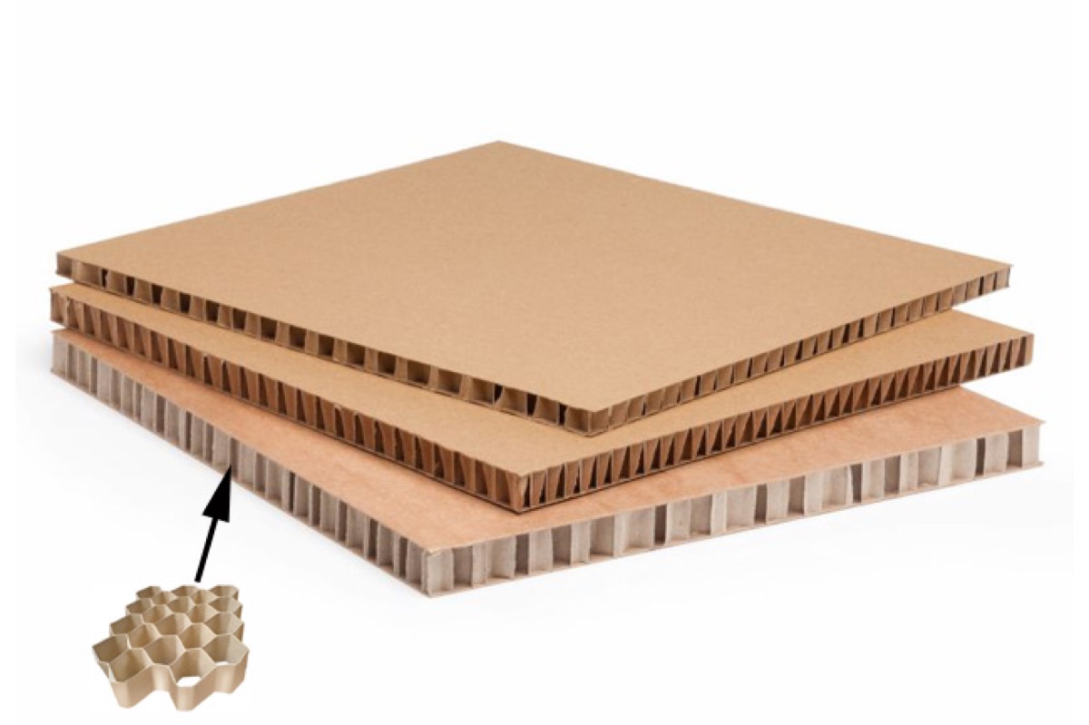 Honeycomb paper panels, with a detail of the cell structure